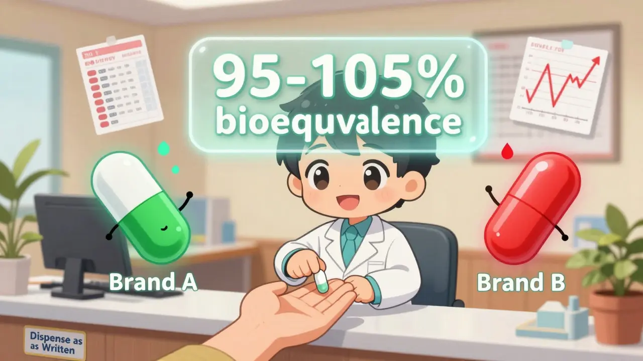 Pharmacist giving a pill with a bioequivalence bar above, one generic pill glowing green, another flickering red.