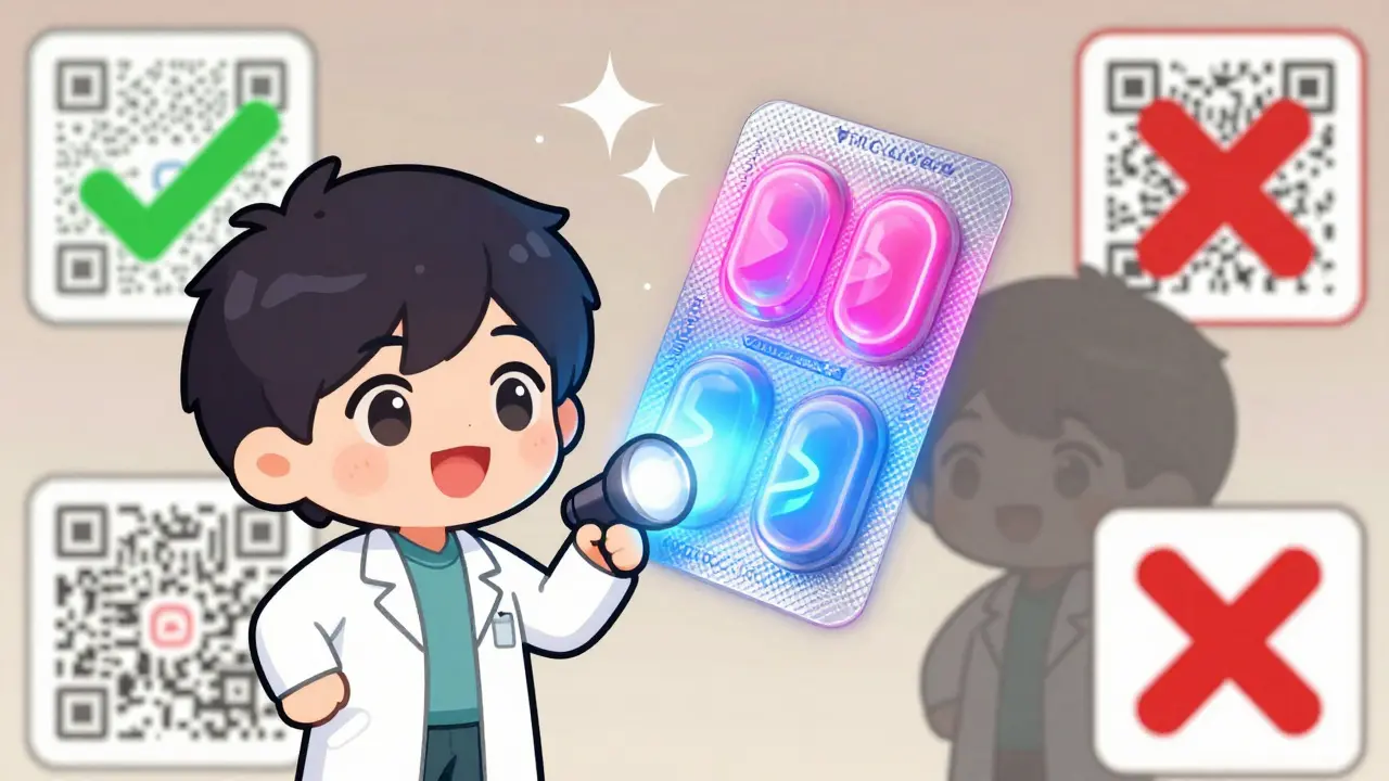 Pharmacist using UV light to reveal hidden glowing text on authentic pill pack.