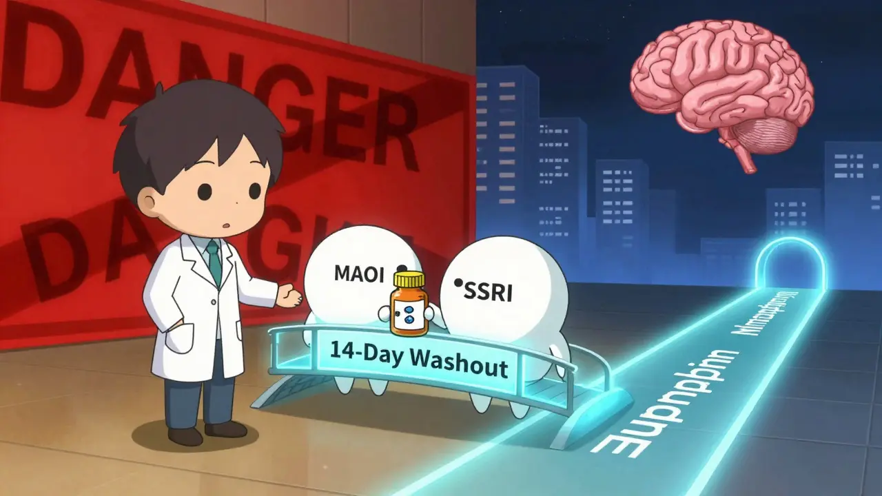 Psychiatrist guiding patients across a safe washout timeline bridge while dangerous combos are blocked.