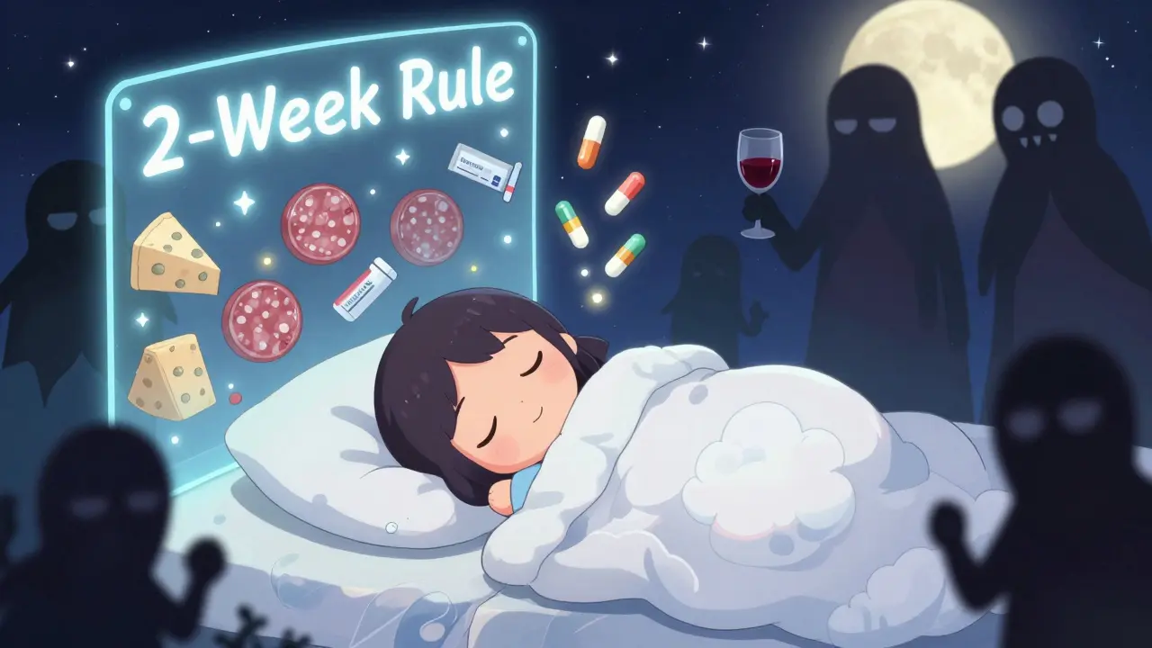 Sleeping patient surrounded by safe medications, with forbidden foods kept away by a glowing barrier.