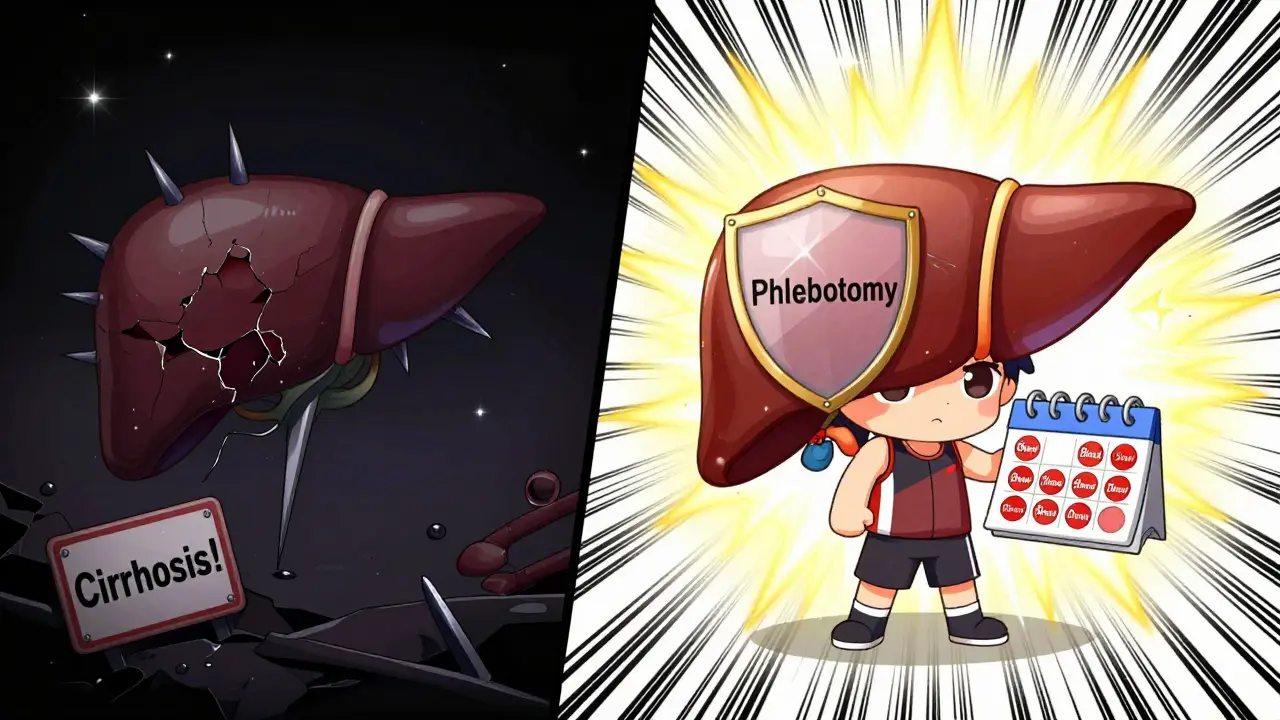 Split image: damaged liver vs healthy liver after phlebotomy treatment.