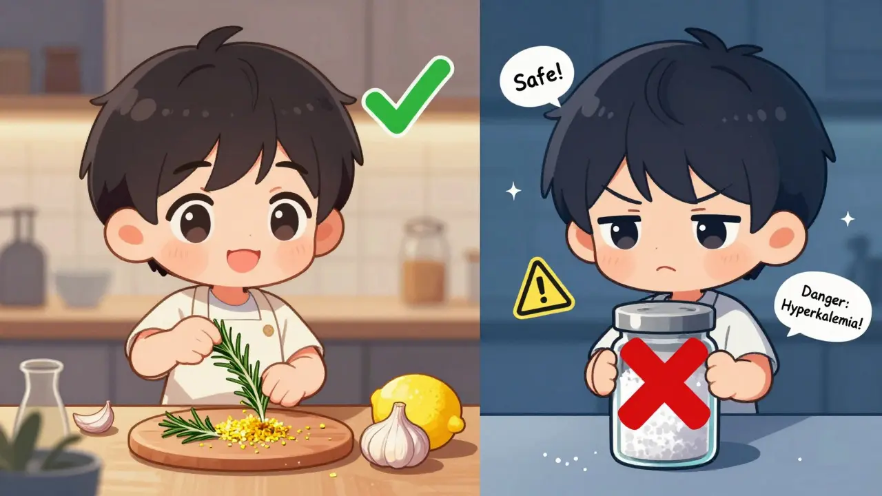 Split scene: safe herbs vs dangerous salt substitute with green check and red X icons.
