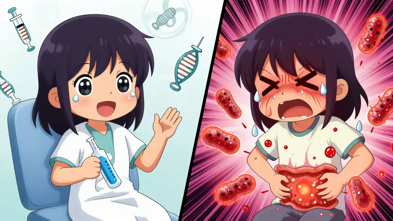 Split scene showing happy vs. toxic gut bacteria affecting chemotherapy side effects.