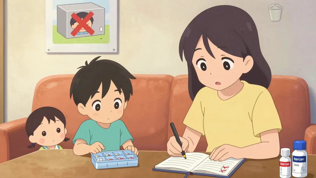 Teen and parent using a locked pillbox with logbook, toddler watching curiously.