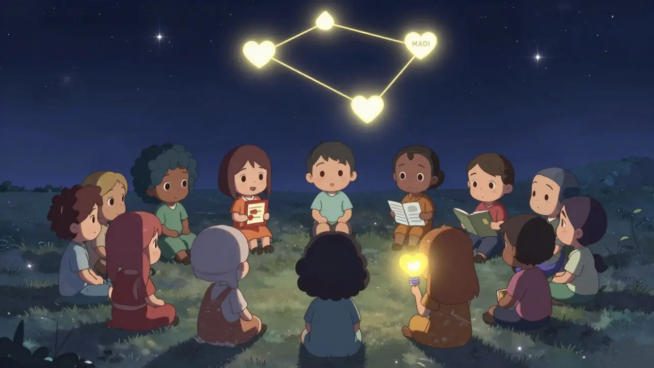 Tiny patients connected by glowing threads under a starry sky, symbolizing hope and recovery.