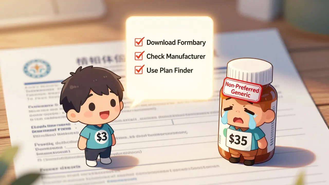Two chibi characters reacting to different generic drug costs on a formulary.