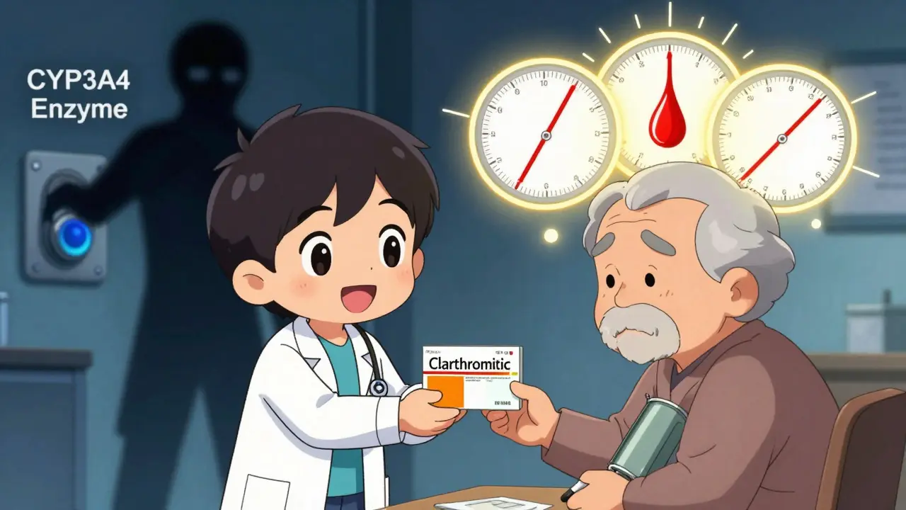 A doctor gives a prescription while a CYP3A4 enzyme switch turns off, causing drug levels to spike.