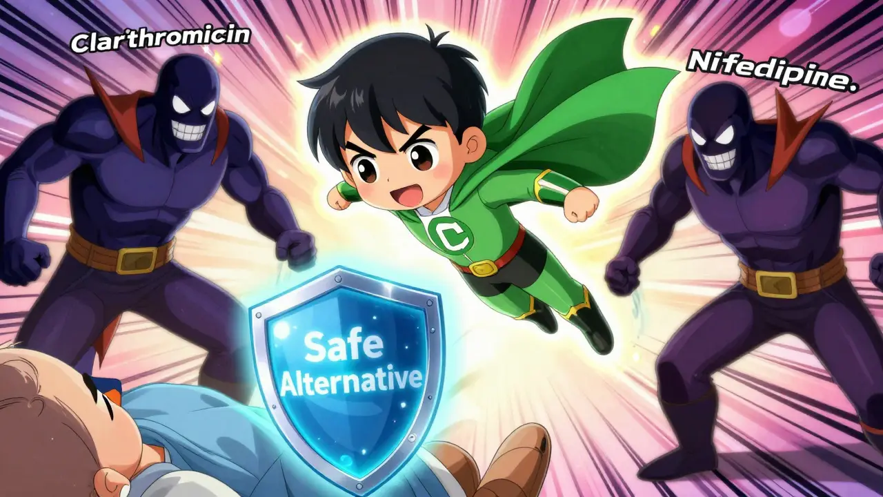 Azithromycin superhero rescues a patient from dangerous drug villains in vibrant anime style.