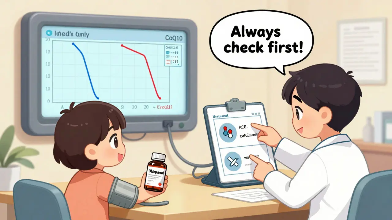 Doctor and patient discussing CoQ10 interactions with blood pressure medications at a clinic.