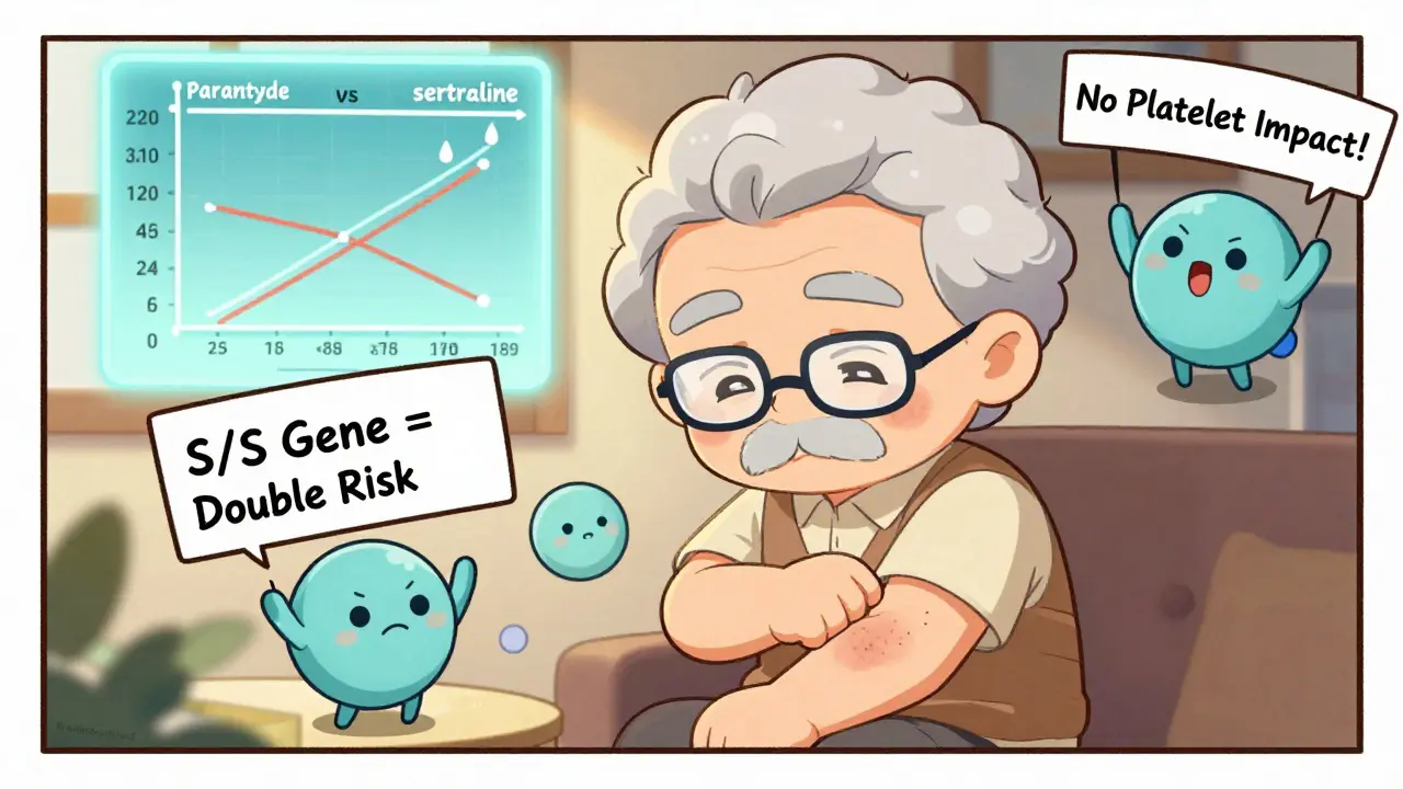 Elderly person checking bruises as tiny platelets float nearby with genetic risk sign.