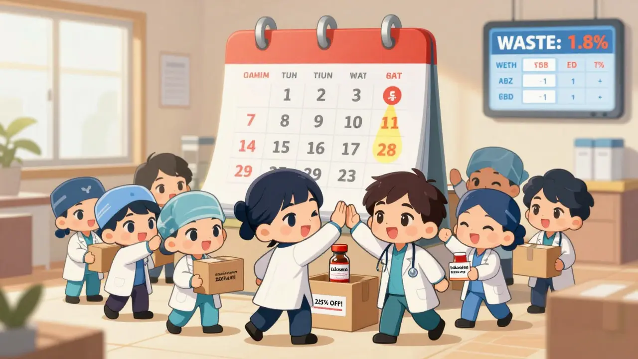 Happy healthcare workers unboxing discounted short-dated lidocaine vials with low waste alert on screen.
