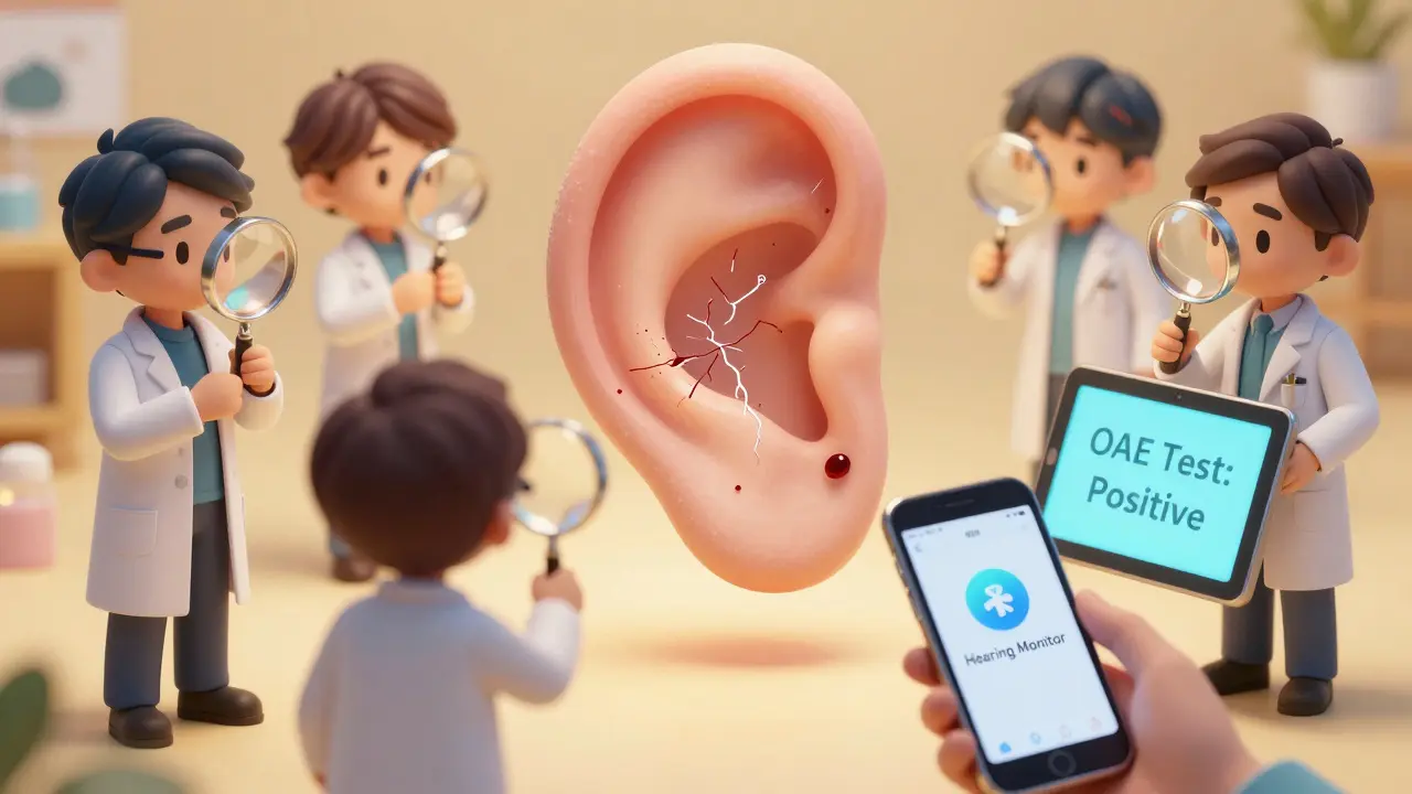 Mini doctors examining a glass inner ear with damaged hair cells, smartphone app visible.