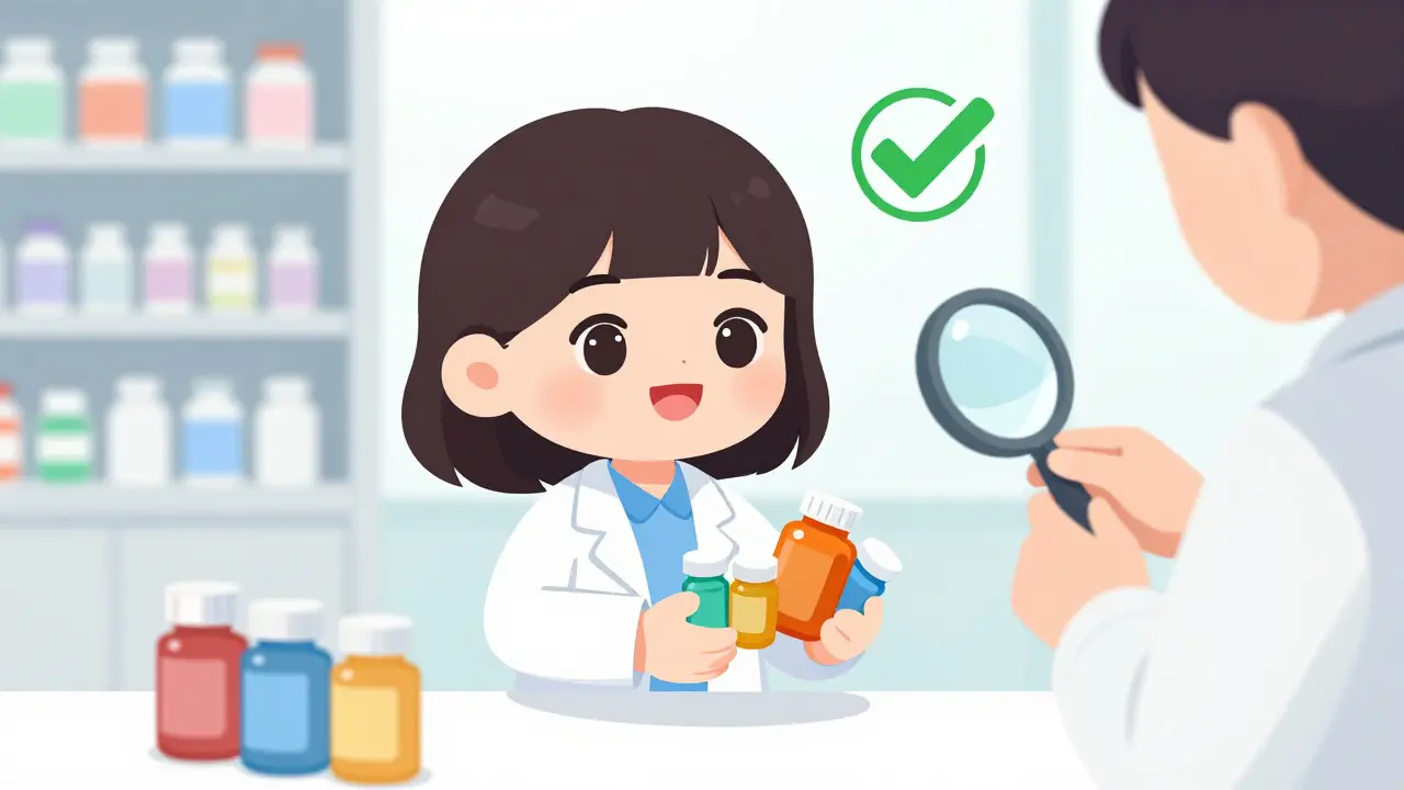 Patient handing pills to pharmacist for interaction check