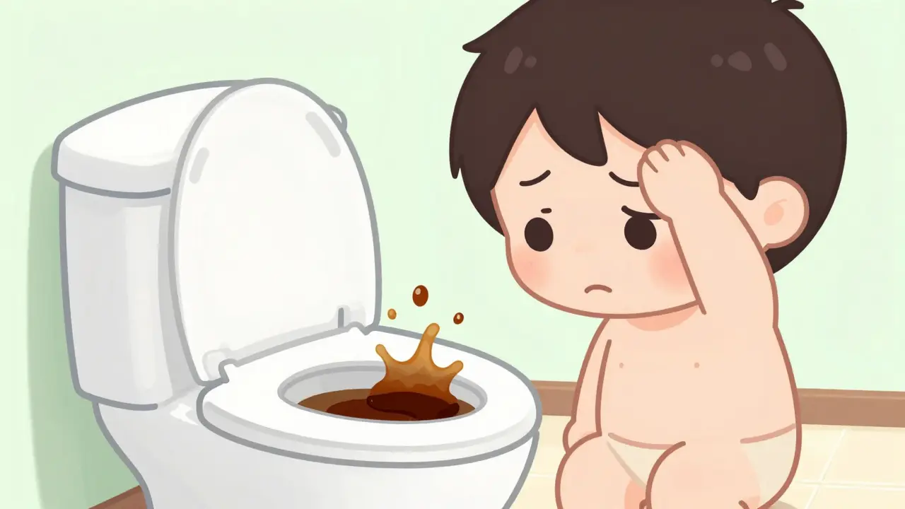 Person looking at dark brown urine in toilet with worried expression