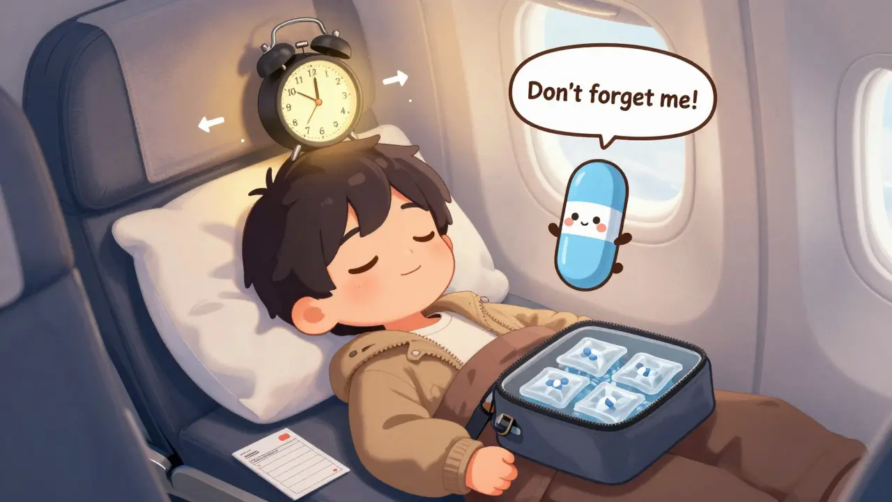 Person sleeping on plane with glowing time zone alarm and insulated pill pouch on lap.