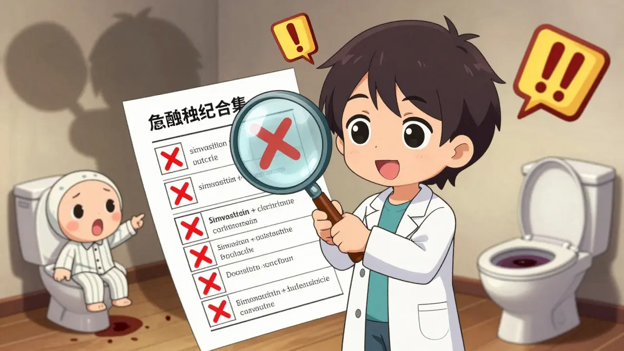 Pharmacist revealing dangerous drug combos with a magnifying glass as patient notices dark urine.