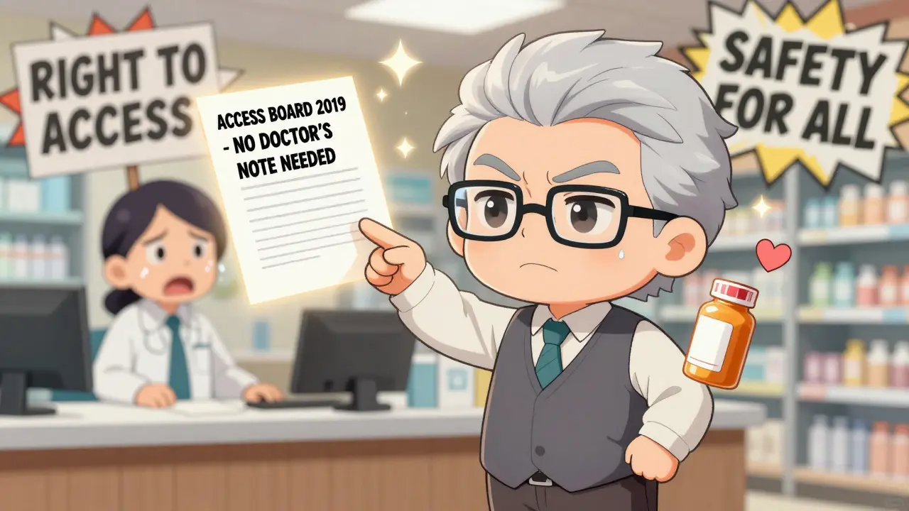 Senior confidently asserting their right to accessible packaging at a pharmacy counter