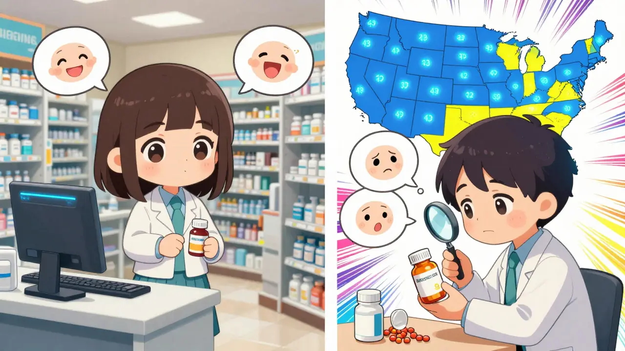 Split scene of automated pharmacy system and patient checking label, with U.S. map showing presumed consent states.