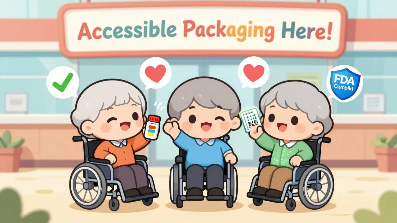 Three seniors happily holding accessible medication packages with color codes and Braille