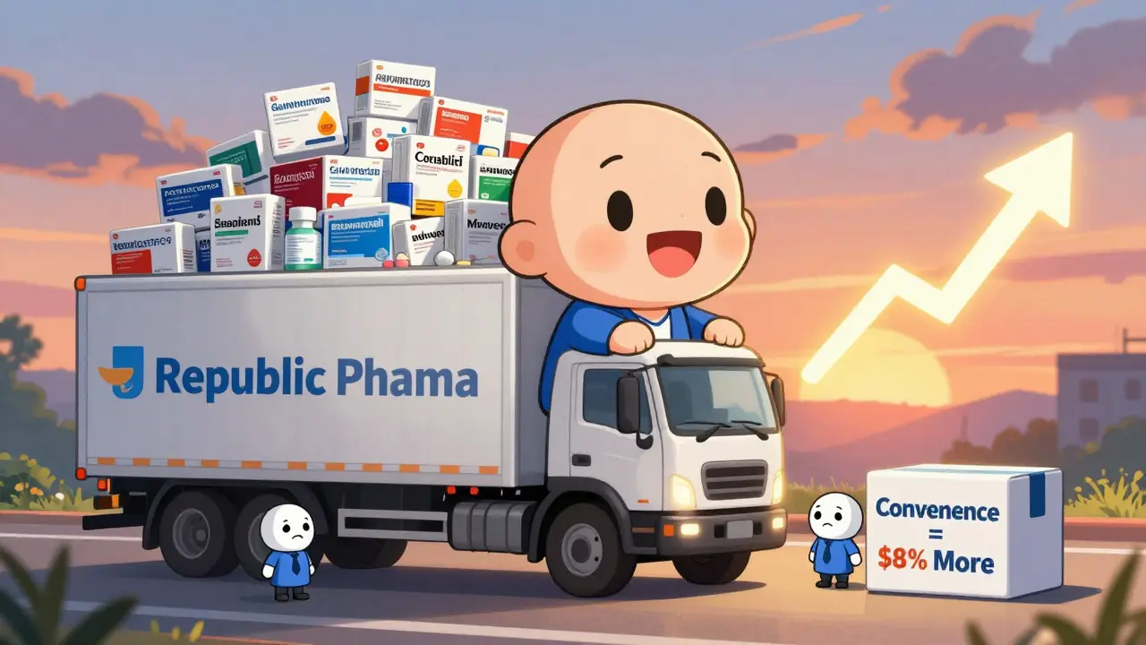 Tiny clinic receiving bulk meds from friendly distributor truck while overpriced wholesalers look jealous.
