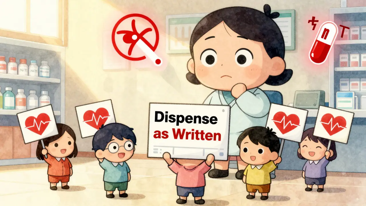 Tiny patients holding warning signs near a pharmacist, highlighting sensitive medications like epilepsy and thyroid drugs.