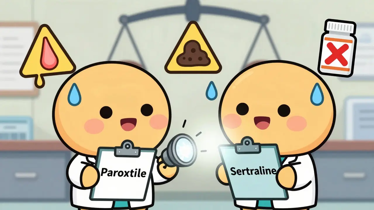 Two doctors comparing SSRIs—one with broken flashlight (low serotonin), one with bright one.