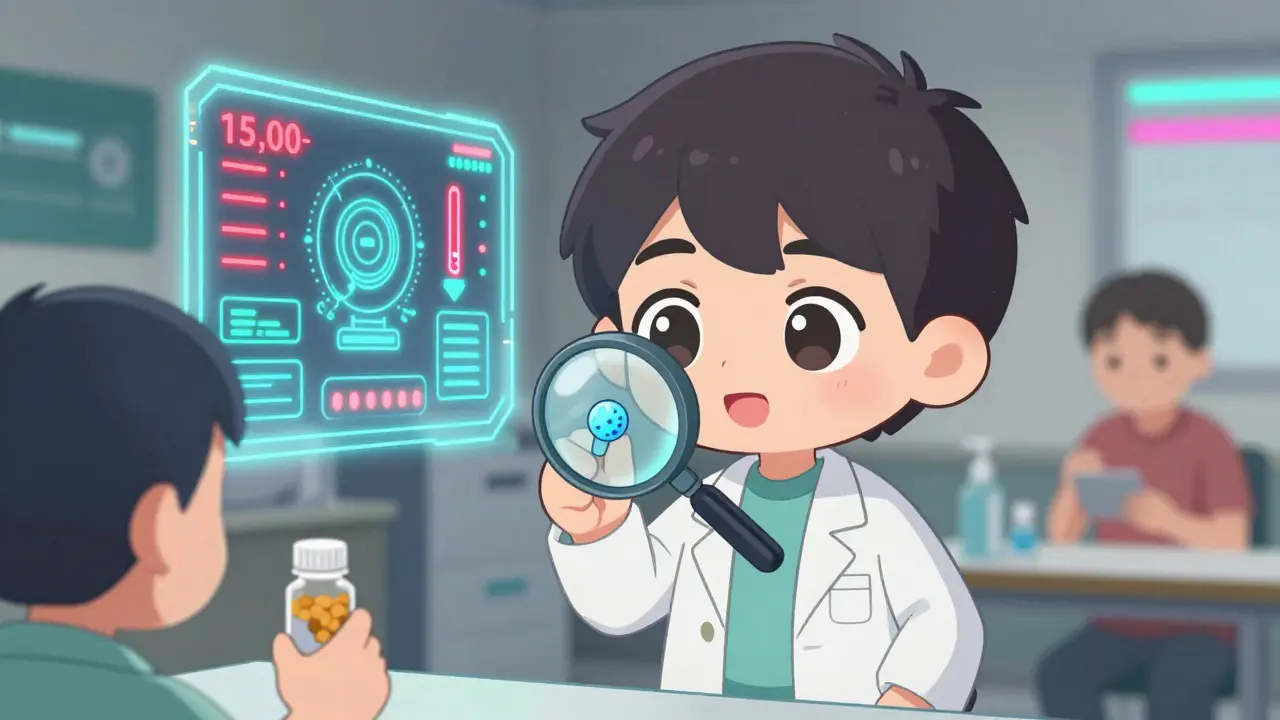 A pharmacist spots blue specks in a pill while an AI monitoring system displays red alerts in chibi style.