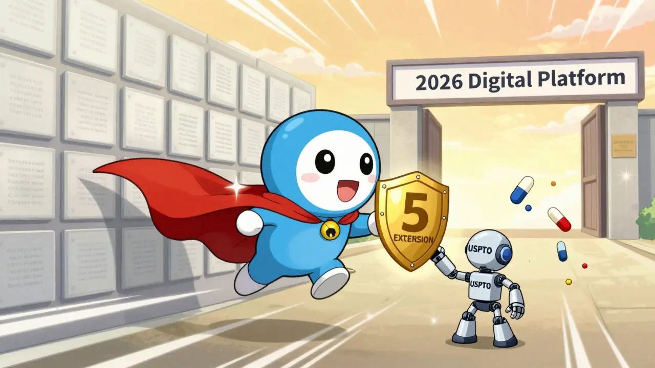 Biologic drug with a cape receiving a 5-year extension shield as generic pills approach a digital portal.