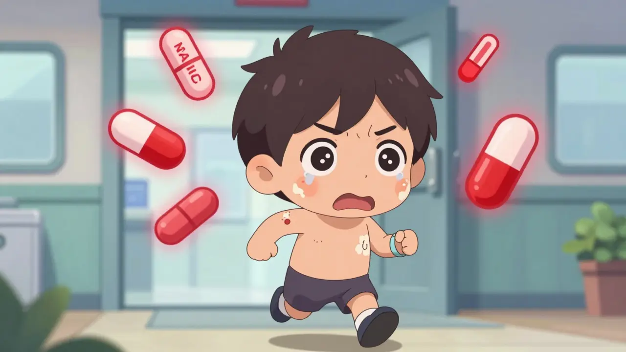 Chibi character with peeling skin running to the ER, surrounded by glowing dangerous drug icons.
