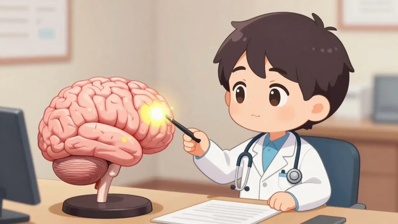 Chibi doctor examining a 3D brain model with glowing spots.