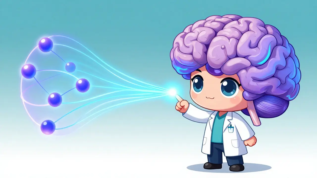 Chibi scientist pointing at floating brain and magnetic field atoms.