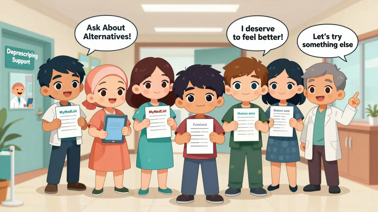 Chibi-style patients holding written instructions and asking for non-drug treatment options in a clinic.