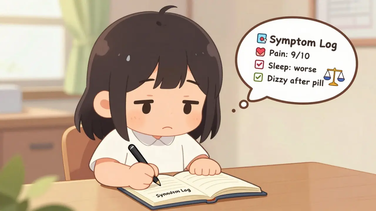 Chibi-style person writing detailed symptom log with questions about medication side effects.