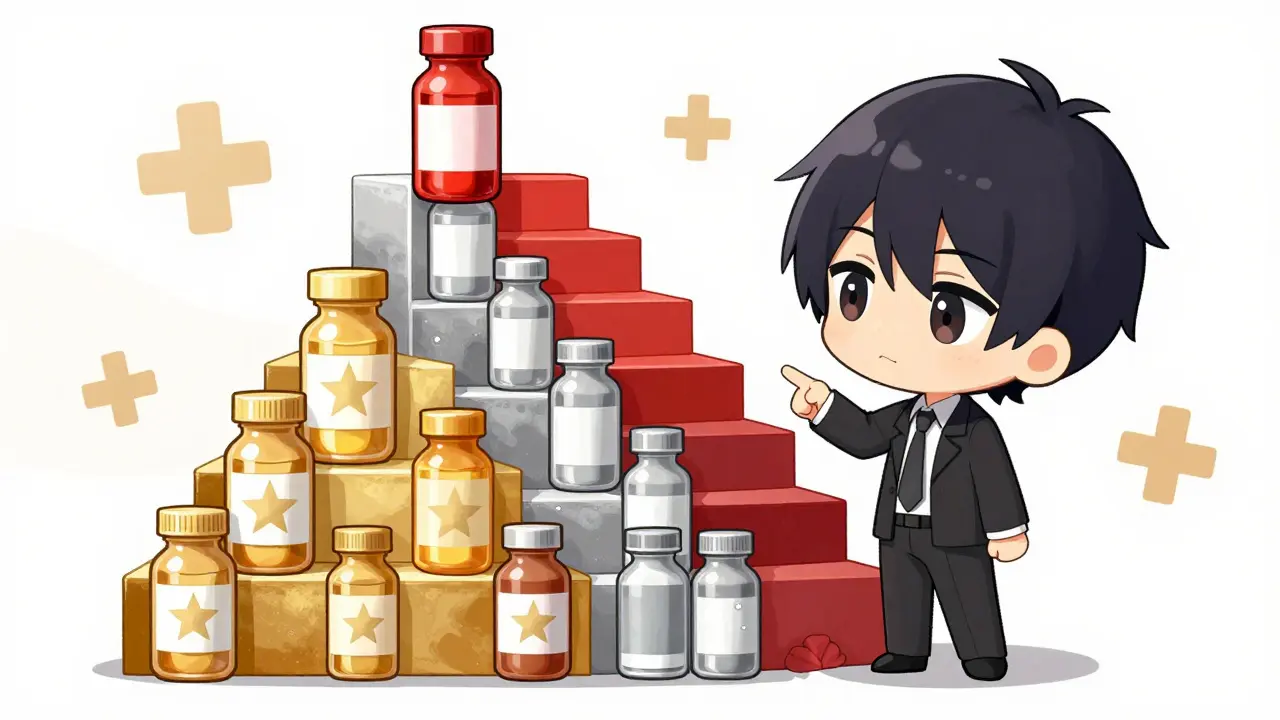 Cute cartoon character looking at colored medication tier shelves
