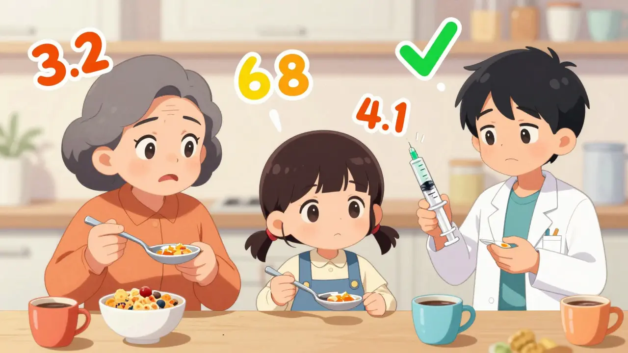 Different caregivers holding kitchen spoons while a pharmacist offers accurate oral syringes marked in milliliters.