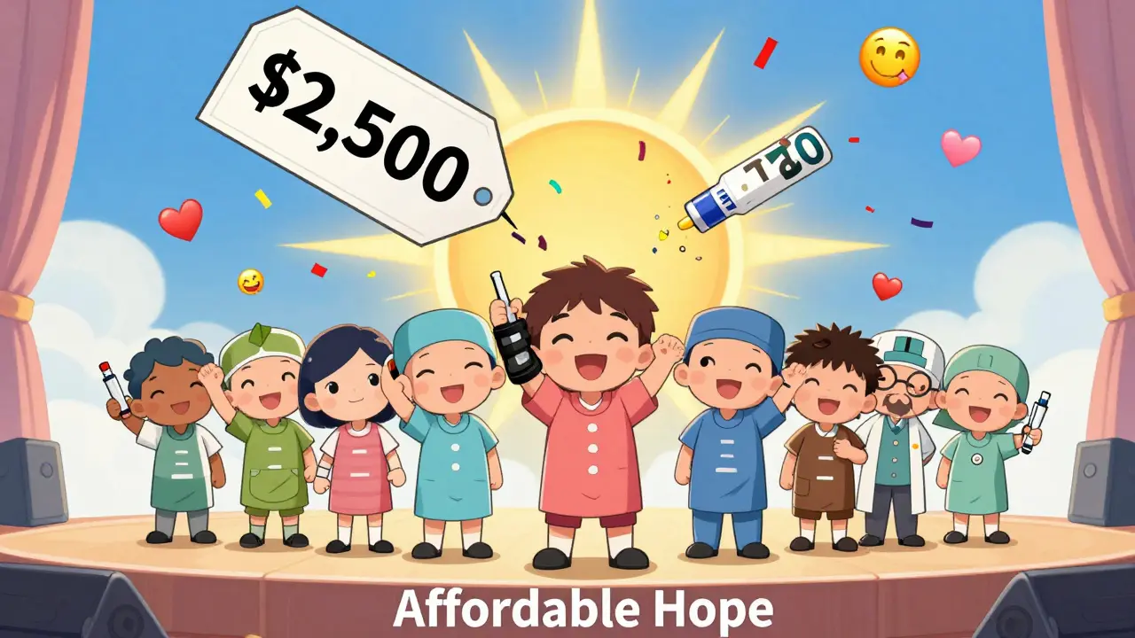 Diverse patients celebrating affordable biosimilars under a rising sun of hope.