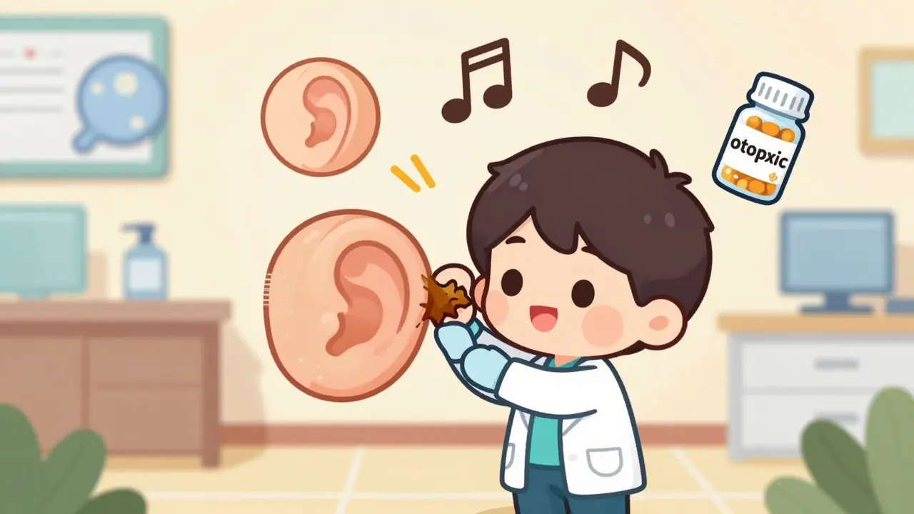 Doctor removing giant earwax from ear, with symbols of tinnitus causes floating nearby.