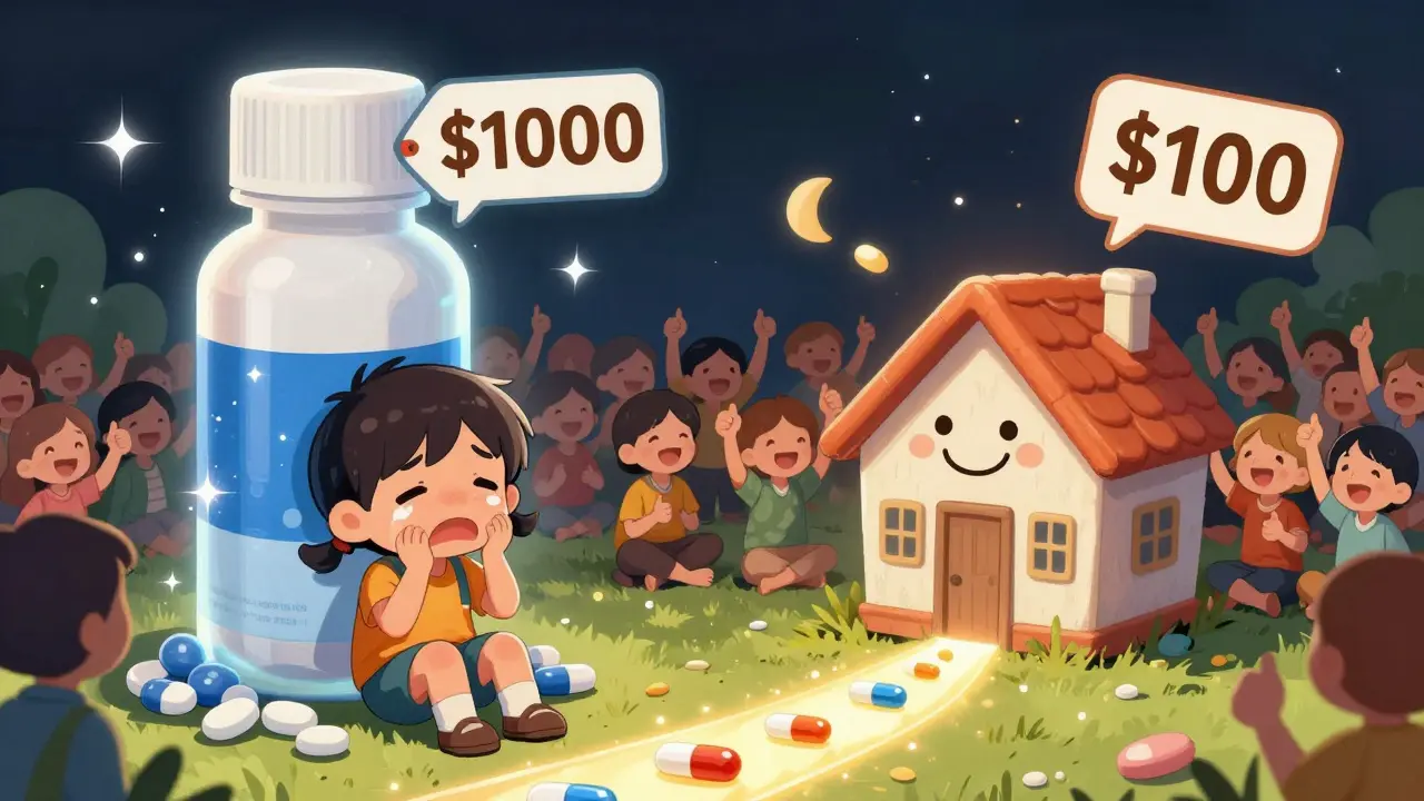 Humble generic pill beside an expensive brand-name drug, with happy patients around.