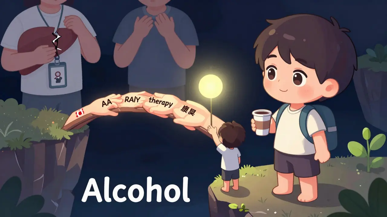 Person reaching toward a bridge of support while leaving behind alcohol's destruction in chibi anime style.