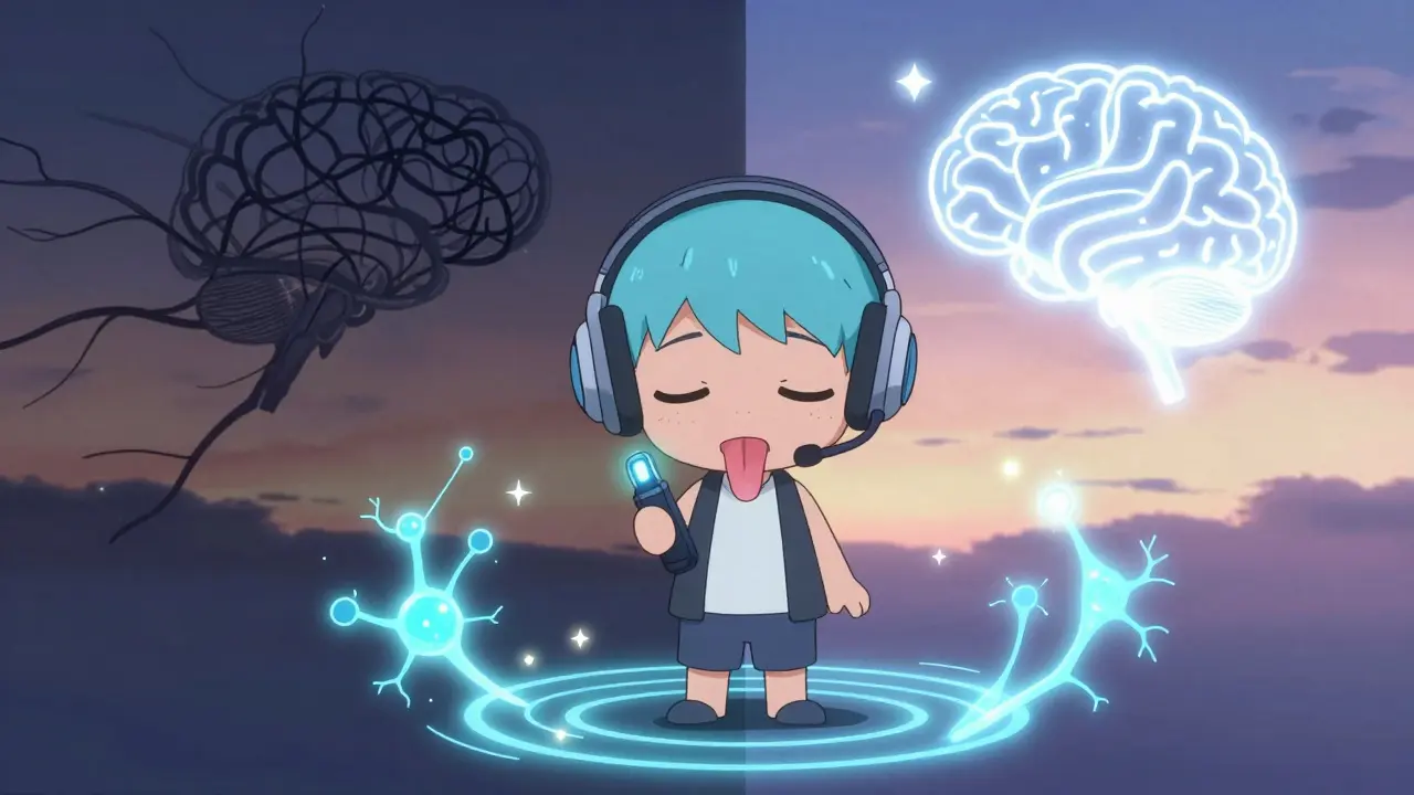 Person using sound and tongue therapy device, with brain pathways glowing peacefully.