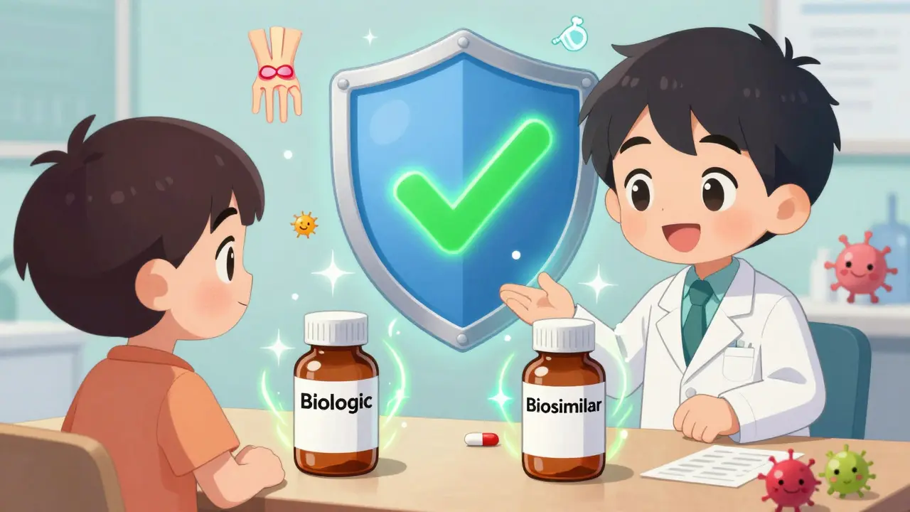 Pharmacist giving a prescription with biosimilar and biologic bottles glowing identically.