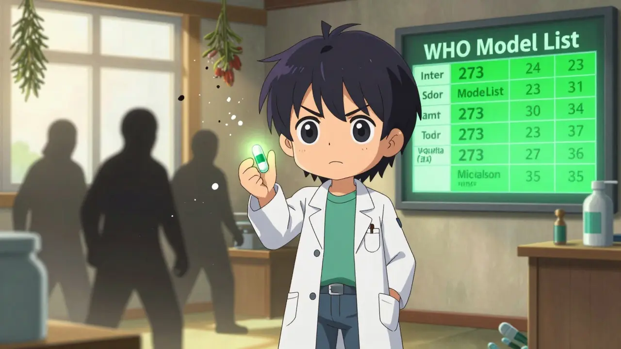 Pharmacist holding a glowing generic pill as fake medicines crumble behind her.