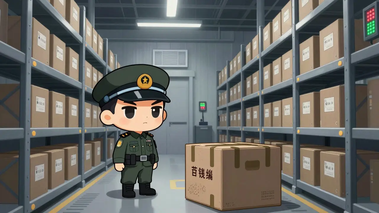 Small guard character monitoring shelves in a secure medical supply warehouse.