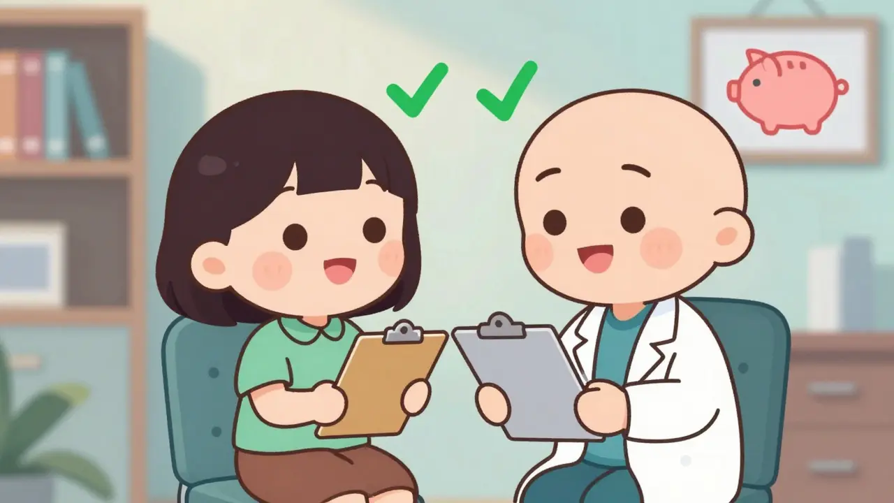 Smiling chibi patient and doctor reviewing health plan options