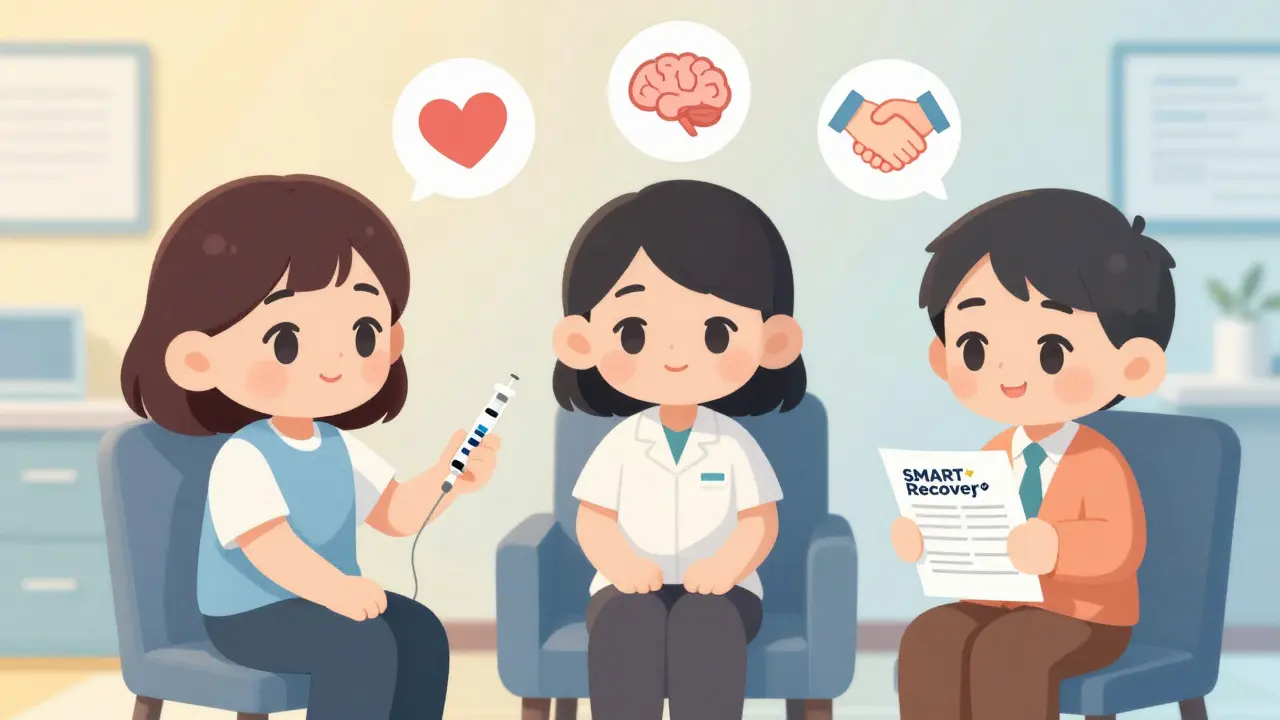 Three chibi characters in clinic receiving medication, therapy, and support for alcohol use disorder.