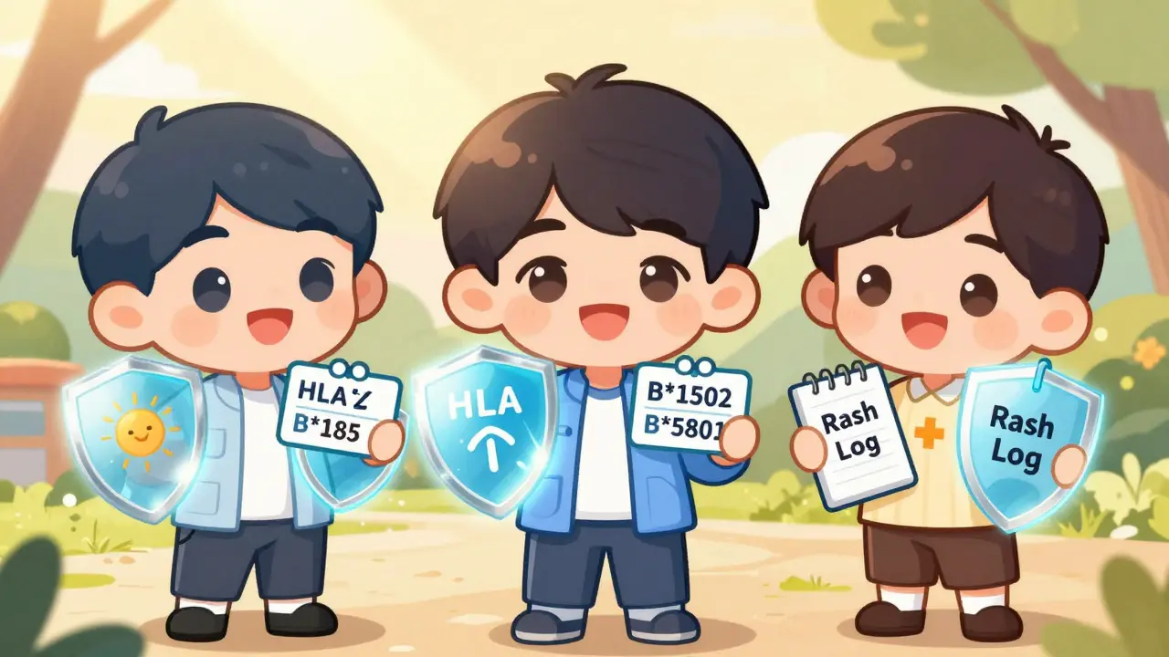 Three chibi patients hold medical cards for gene testing and protective gear against drug rashes.