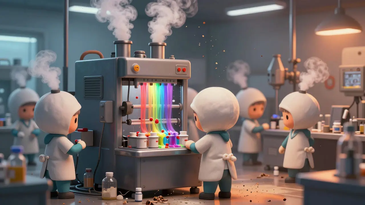 Tiny workers in a cluttered generic drug factory produce multiple drugs on one machine with residue leaks.