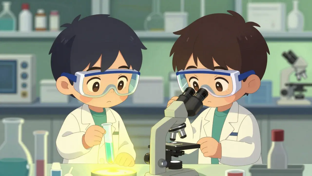Two laboratory assistants examining glowing liquid samples in test tubes.