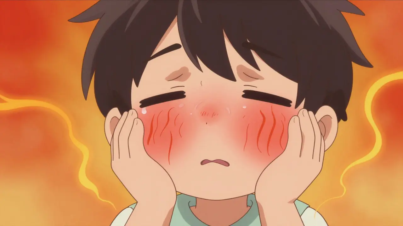 Cartoon figure shielding red flushed face from sunlight