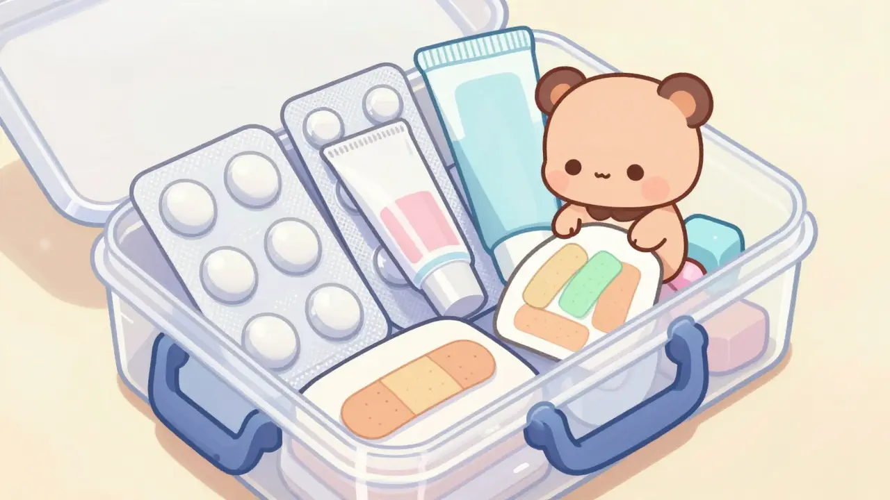 Chibi character organizing a clear medical kit with bandages and medicine.